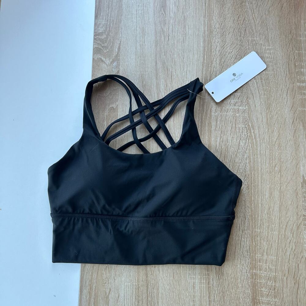 NWT CRZ YOGA Athletic Sports Bra Longline Strappy Top Size M Black New